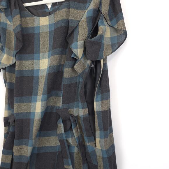 Nine West Shift Dress Plaid Gray Teal Belted Pedal Sleeves Women 14 Academia - Picture 15 of 15